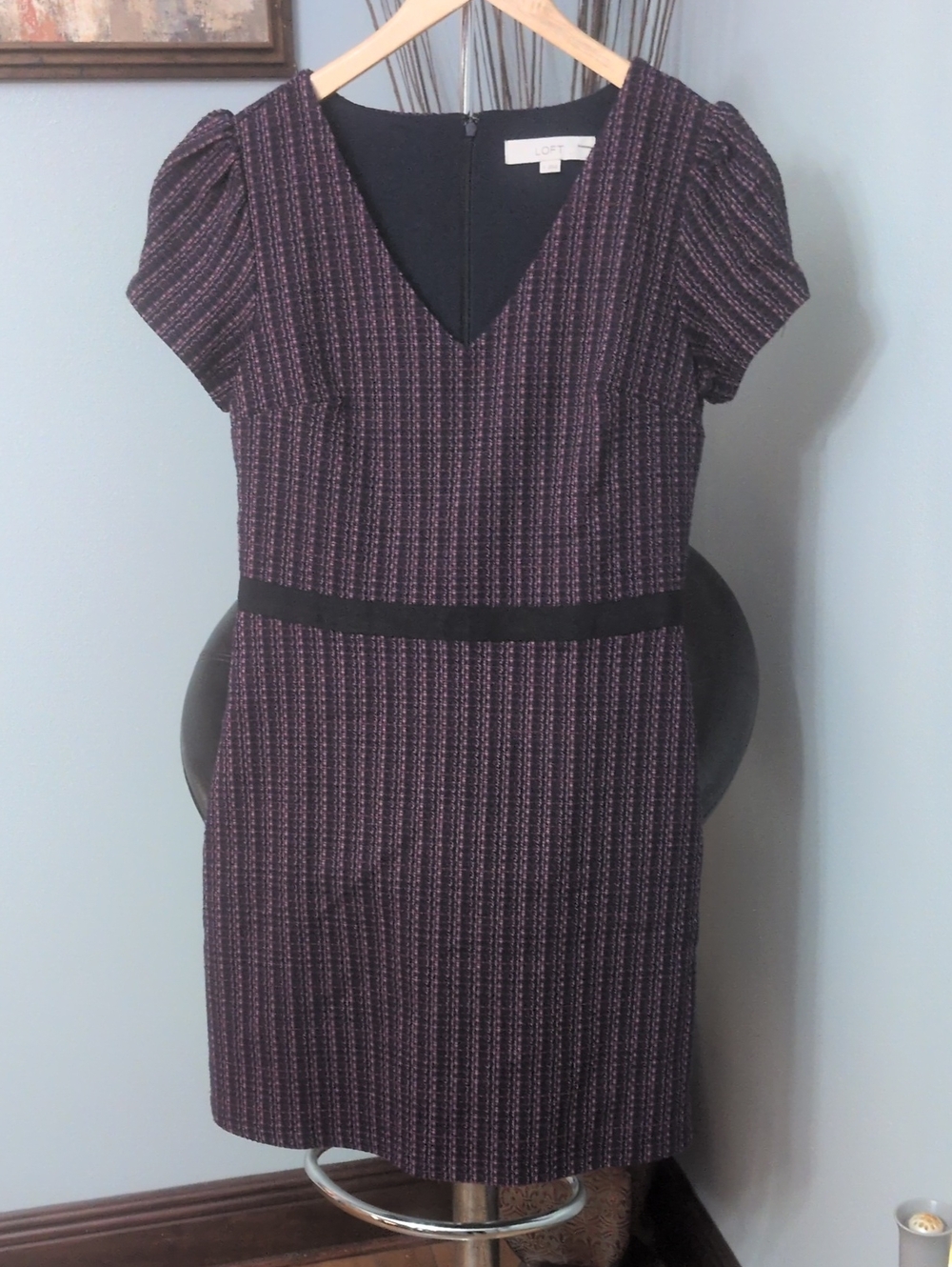 LOFT Purple Striped V-Neck Tweed A-Line Dress with Black Waist